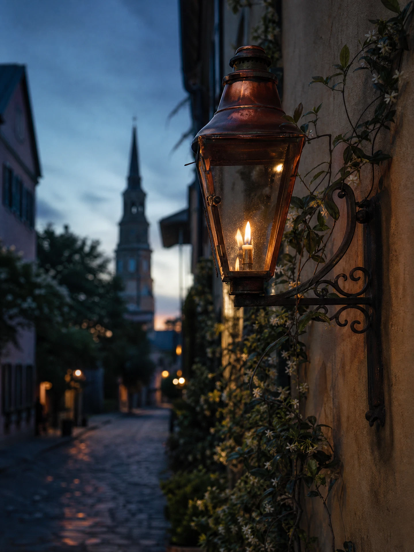 Copper gas lantern glowing at dusk in Charleston