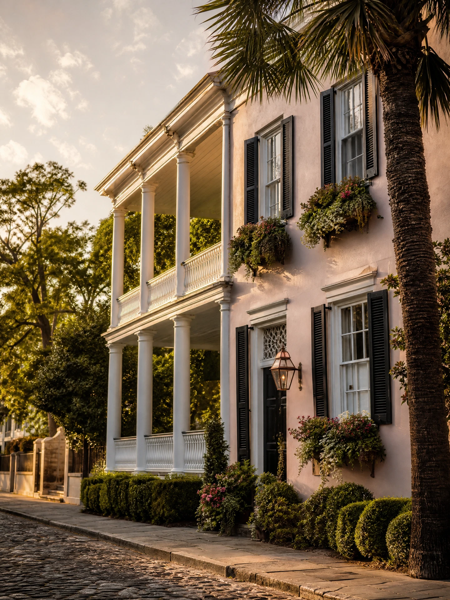 Historic Charleston single house with piazza at golden hour