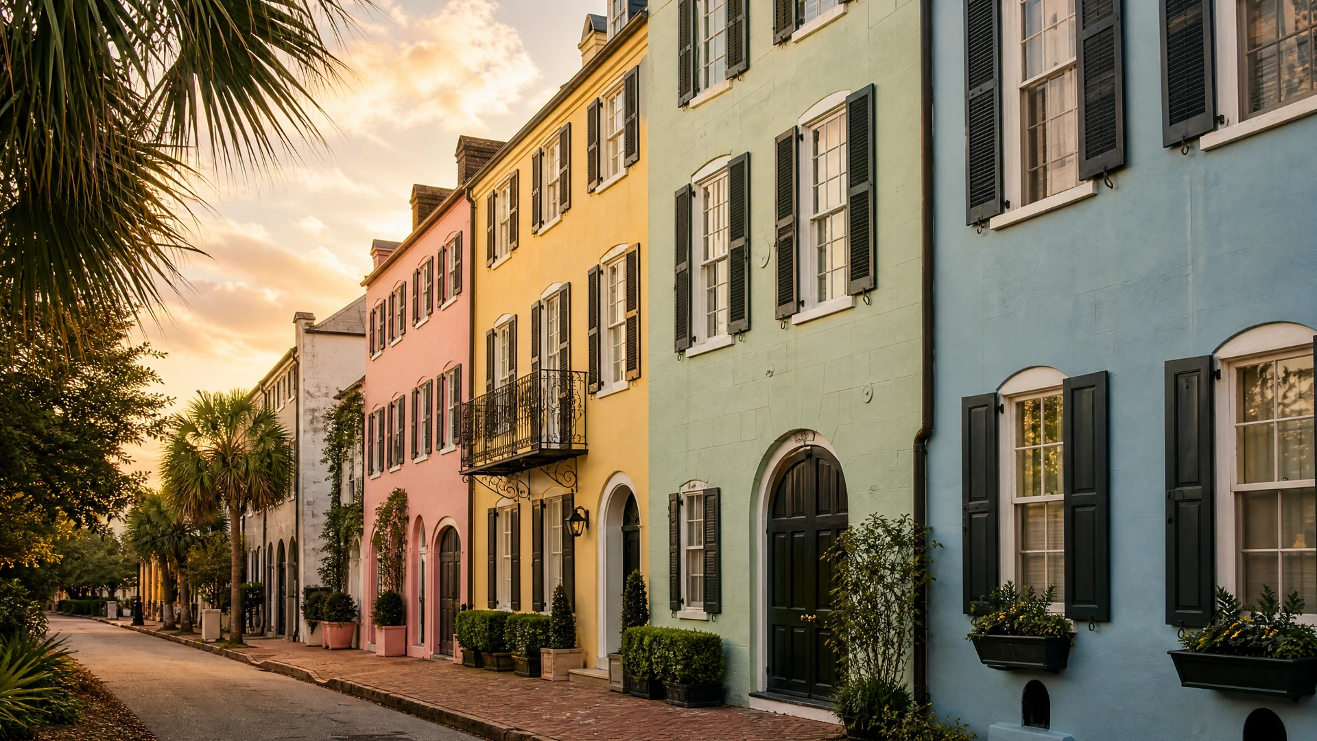 Rainbow Row's pastel houses in Charleston, SC
